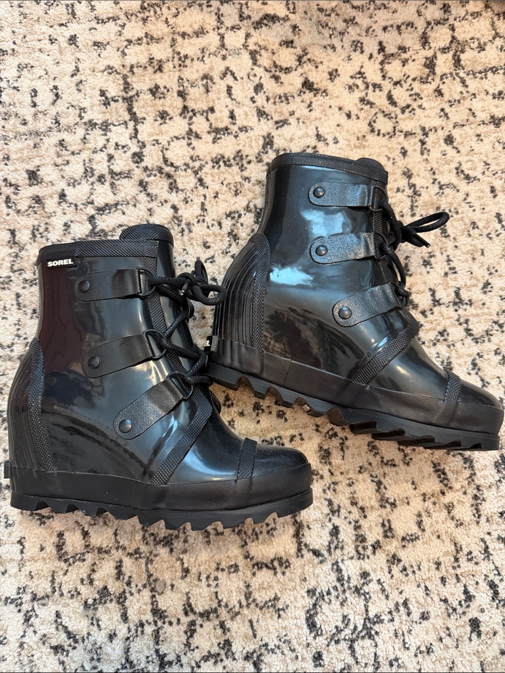 Sorel Women's Glossy Black Lace-Up Rain Wedge Boots